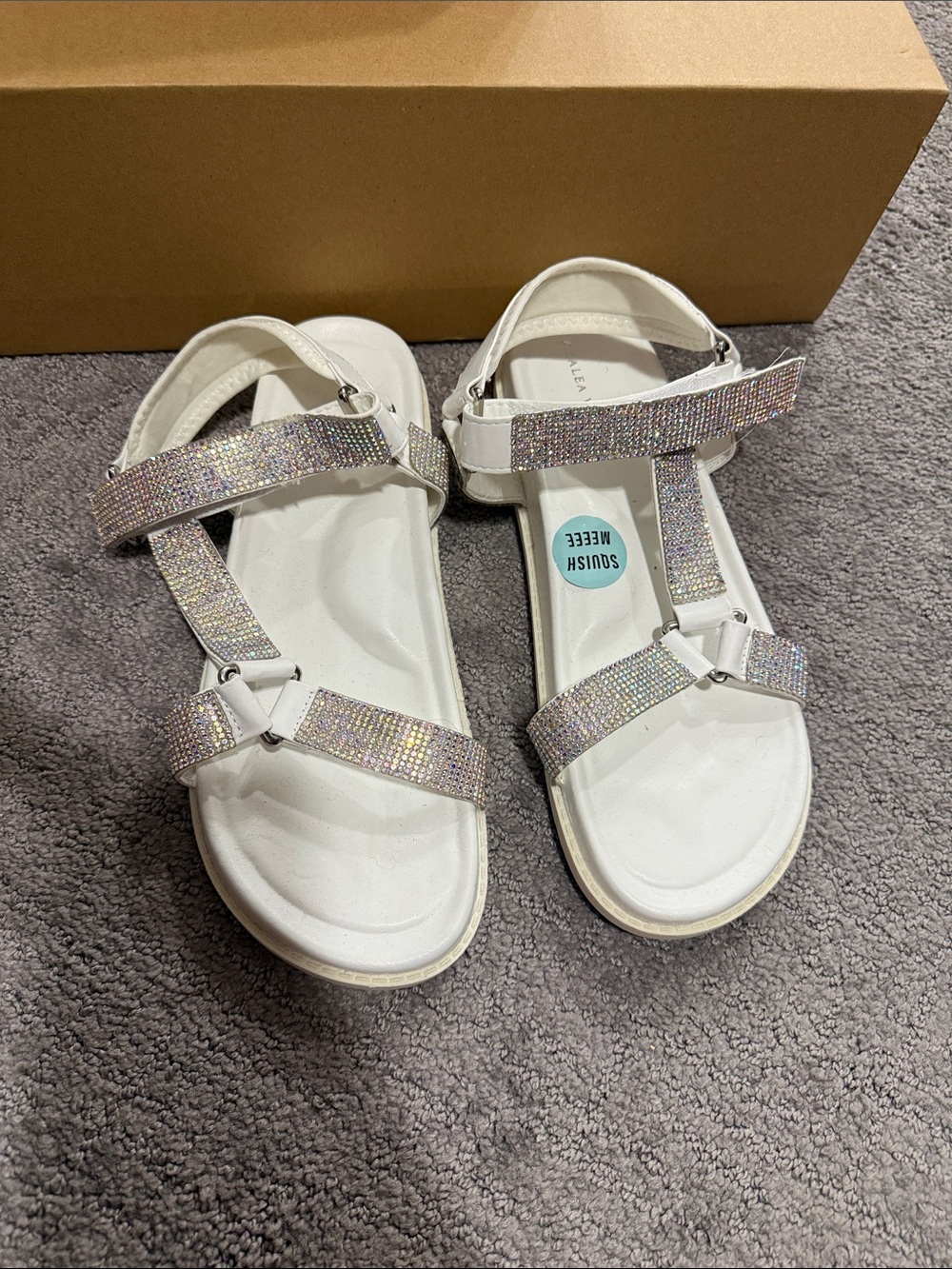 White Sparkle T-Strap Sandals with Iridescent Straps